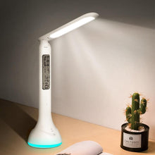 Load image into Gallery viewer, LED Desk Lamp Foldable Dimmable Touch Rechargeable Table Lamp with Calendar Temperature Alarm Clock Decorative Table Lamp Cute Study Lamps for Bedroom Décor
