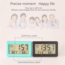 Load image into Gallery viewer, LED Digital Clock Digital Alarm Clock Battery Operated Small Desk Clocks with Smart Night Light Date Indoor Temperature LCD Electronic Clock for Bedroom  Electronic Digital Screen Desktop Clock for Home Office Backlight Snooze Desk Clocks
