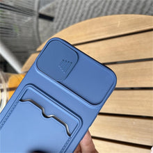 Load image into Gallery viewer, Lightweight Slide Camera Protection Card Holder Wallet Phone Case For iPhone 13 14 Pro Max 12 11 Soft Silicone Cover Soft Skin Silicone Cover Yellow Card Holder Sliding Camera Protection Cover For iPhone
