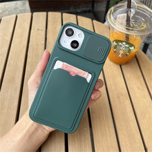 Load image into Gallery viewer, Lightweight Slide Camera Protection Card Holder Wallet Phone Case For iPhone 13 14 Pro Max 12 11 Soft Silicone Cover Soft Skin Silicone Cover Yellow Card Holder Sliding Camera Protection Cover For iPhone
