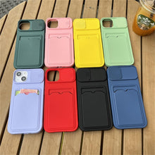 Load image into Gallery viewer, Lightweight Slide Camera Protection Card Holder Wallet Phone Case For iPhone 13 14 Pro Max 12 11 Soft Silicone Cover Soft Skin Silicone Cover Yellow Card Holder Sliding Camera Protection Cover For iPhone
