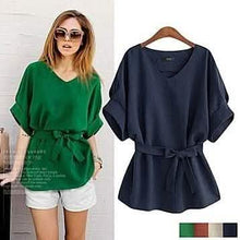 Load image into Gallery viewer, Linen-Blend Loose-Cut Casual Short Sleeve Top with Belt
