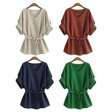 Load image into Gallery viewer, Linen-Blend Loose-Cut Casual Short Sleeve Top with Belt

