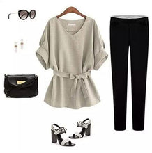 Load image into Gallery viewer, Linen-Blend Loose-Cut Casual Short Sleeve Top with Belt
