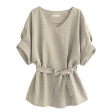 Load image into Gallery viewer, Linen-Blend Loose-Cut Casual Short Sleeve Top with Belt
