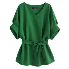 Load image into Gallery viewer, Linen-Blend Loose-Cut Casual Short Sleeve Top with Belt
