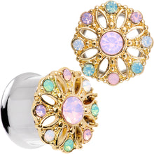 Load image into Gallery viewer, Pink Green White Gem Glam Flower Double Flare Tunnel Plug Set
