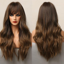 Load image into Gallery viewer, Long Honey Brown Synthetic Wigs with Side Bangs Natural Wave Wigs for Afro American Women Heat Resistant Cosplay Party Daily Use Wigs For Black Women Cosplay Wigs For Women
