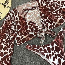 Load image into Gallery viewer, Long Sleeve Mesh Bikini Swimwear Women Three Pieces Leopard Swimsuit Female Summer  Bathing Suit Brazilian 3 Pieces Set Knot Front Off Shoulder Cover Up with Halter Bikini Sets Bathing Suit
