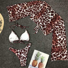 Load image into Gallery viewer, Long Sleeve Mesh Bikini Swimwear Women Three Pieces Leopard Swimsuit Female Summer  Bathing Suit Brazilian 3 Pieces Set Knot Front Off Shoulder Cover Up with Halter Bikini Sets Bathing Suit
