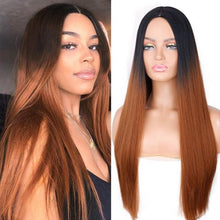 Load image into Gallery viewer, Long Straight Synthetic Black Wig Mixed Brown and Blonde Long Wig For Black Women Middle Part Nature Wigs For Black Women Cosplay Wigs For Women

