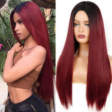 Load image into Gallery viewer, Long Straight Synthetic Black Wig Mixed Brown and Blonde Long Wig For Black Women Middle Part Nature Wigs For Black Women Cosplay Wigs For Women
