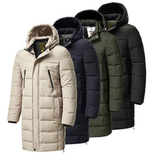 Load image into Gallery viewer, Long Winter Warm Thick Hooded Jacket Coat Windproof Thicken Hooded Coat Comfortable Jacket Men Autumn Outdoor Fashion Classic Windproof Multiple Pockets Men Light Jacket Coat
