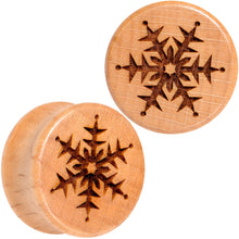 Load image into Gallery viewer, Organic Beechwood Holiday Winter Snowflake Saddle Plug Set Sizes 8mm to 25mm
