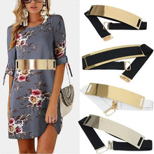 Load image into Gallery viewer, Luxurious Gold Wide Strap Elastic Belts For Women Elegant Metal Polished Plain Gold Belt Black Wide Strap Waistband for Women

