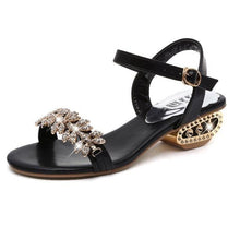 Load image into Gallery viewer, Luxury Black Shiny Women Summer Beach Sandals Fashion Women Rhinestone Outdoor Slippers Rhinestone Glitter Square Toe Ring Elastic Slingback Flat Casual Summer Beach Sandals
