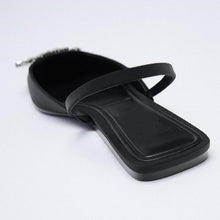 Load image into Gallery viewer, Luxury Black Straps Black Shoes For Women Shallow Summer Heels Beige Elastic Band Low Pointed Closed Flat Rhinestone Slip-on Shoes Flats Outdoor Walking Slippers

