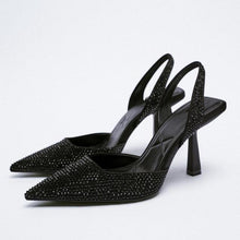Load image into Gallery viewer, Luxury Black Straps Black Shoes For Women Shallow Summer Heels Beige Elastic Band Low Pointed Closed Flat Rhinestone Slip-on Shoes Flats Outdoor Walking Slippers
