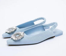 Load image into Gallery viewer, Luxury Black Straps Black Shoes For Women Shallow Summer Heels Beige Elastic Band Low Pointed Closed Flat Rhinestone Slip-on Shoes Flats Outdoor Walking Slippers

