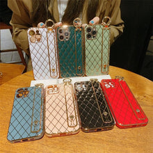 Load image into Gallery viewer, Luxury Blue Pink Gold Color Plating Soft Case Cell Phone Case For iPhone 11 12 13 Pro Max XS Max XR X 8 7 Plus Luxury Wrist Strap Plating Frame Geometric Soft Covers Bumper Iphone Case
