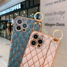 Load image into Gallery viewer, Luxury Blue Pink Gold Color Plating Soft Case Cell Phone Case For iPhone 11 12 13 Pro Max XS Max XR X 8 7 Plus Luxury Wrist Strap Plating Frame Geometric Soft Covers Bumper Iphone Case
