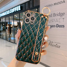 Load image into Gallery viewer, Luxury Blue Pink Gold Color Plating Soft Case Cell Phone Case For iPhone 11 12 13 Pro Max XS Max XR X 8 7 Plus Luxury Wrist Strap Plating Frame Geometric Soft Covers Bumper Iphone Case
