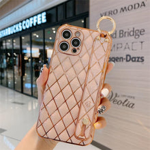 Load image into Gallery viewer, Luxury Blue Pink Gold Color Plating Soft Case Cell Phone Case For iPhone 11 12 13 Pro Max XS Max XR X 8 7 Plus Luxury Wrist Strap Plating Frame Geometric Soft Covers Bumper Iphone Case
