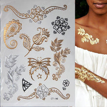 Load image into Gallery viewer, Luxury Flash Metallic Waterproof Temporary Tattoo Gold Silver Flower Tattoo Sticker Long Lasting Gold Design For Womens
