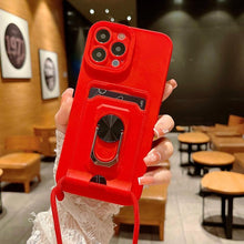 Load image into Gallery viewer, Luxury Lanyard Magnetic Ring Card Holder Phone Case For iPhone 14 13 12 11 Pro Case With Strap Soft Silicone Cover Metal Ring Holder With Magnetic Kickstand
