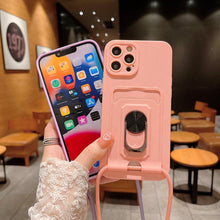 Load image into Gallery viewer, Luxury Lanyard Magnetic Ring Card Holder Phone Case For iPhone 14 13 12 11 Pro Case With Strap Soft Silicone Cover Metal Ring Holder With Magnetic Kickstand
