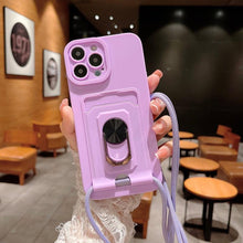 Load image into Gallery viewer, Luxury Lanyard Magnetic Ring Card Holder Phone Case For iPhone 14 13 12 11 Pro Case With Strap Soft Silicone Cover Metal Ring Holder With Magnetic Kickstand
