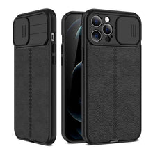 Load image into Gallery viewer, Luxury Leather Black Shockproof Phone Case on For iPhone 13 12 11 14 Pro Max XR X XSMax 14 Case Camera Lens Protection Soft Back Cover Thin Shockproof Case with Slide Camera Case for iPhone
