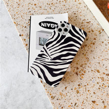 Load image into Gallery viewer, Luxury Leather Black White Zebra Pattern Phone Case for iPhone 13 12 11 14 Pro Max Xs Xr 7 14 plus Anti-fall Soft Silicone Back Cover Soft Slim Thin Luxury Shockproof Shiny Case for Girls and Women Zebra Print iPhone Case
