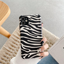 Load image into Gallery viewer, Luxury Leather Black White Zebra Pattern Phone Case for iPhone 13 12 11 14 Pro Max Xs Xr 7 14 plus Anti-fall Soft Silicone Back Cover Soft Slim Thin Luxury Shockproof Shiny Case for Girls and Women Zebra Print iPhone Case
