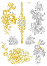 Load image into Gallery viewer, Luxury Metallic Temporary Tattoo Gold Silver Flower Sticker Long Lasting Gold Design For Womens
