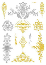 Load image into Gallery viewer, Luxury Metallic Temporary Tattoo Gold Silver Flower Sticker Long Lasting Gold Design For Womens
