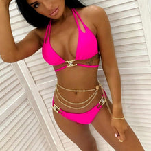 Load image into Gallery viewer, Luxury Purple Halter Crystal Diamond Bikini Female Swimsuit Women Swimwear Rhinestone Bikini Set Bathing Suit Women's Swimwear Rhinestone Halter Low Waist Tie Side Bikini Set 2 Pieces Crystal Diamond Swimsuit
