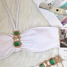 Load image into Gallery viewer, Luxury Purple Halter Crystal Diamond Bikini Female Swimsuit Women Swimwear Rhinestone Bikini Set Bathing Suit Women's Swimwear Rhinestone Halter Low Waist Tie Side Bikini Set 2 Pieces Crystal Diamond Swimsuit
