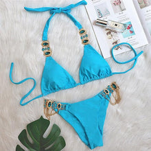 Load image into Gallery viewer, Luxury Purple Halter Crystal Diamond Bikini Female Swimsuit Women Swimwear Rhinestone Bikini Set Bathing Suit Women's Swimwear Rhinestone Halter Low Waist Tie Side Bikini Set 2 Pieces Crystal Diamond Swimsuit

