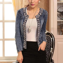 Load image into Gallery viewer, Luxury Spring Fashionable Women Denim Jacket Slim Zipper Casual Short Sequins Outerwear Ladies Vintage Crystal Biker
