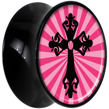 Load image into Gallery viewer, Black Acrylic Pink Black Radiant Cross Saddle Plug Set 9/16
