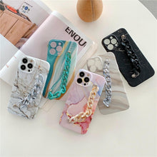 Load image into Gallery viewer, Marble Wriststrap Bracelet Chain Phone Case For iPhone 14 13 Pro Max 12 11 XS XR X 7 8 Plus SE 2020 Silicone Back Cover Colorful Silicone Fashion Pattern Ultra Thin Slim Bumper Shockproof Protective Case with Chain Wrist Strap Marble Iphone Case

