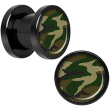 Load image into Gallery viewer, Woodland Camo Print Black Anodized Screw Fit Plug Set 0G
