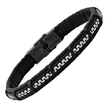 Load image into Gallery viewer, Men's Black Braided Leather and Inlay Stainless Steel Box Chain Bracelet
