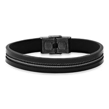 Load image into Gallery viewer, Men's Black Leather and Two Tone Black IP &amp; Stainless Steel Inlay Wheat Chain Bracelet
