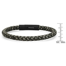 Load image into Gallery viewer, Men's Braided Black/Gray Leather and Black IP Stainless Steel Clasp Bracelet
