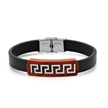 Load image into Gallery viewer, Men's Brown Leather Wood and Stainless Steel Greek Key Accents ID Bracelet
