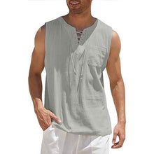 Load image into Gallery viewer, Men's Cotton Linen Tank Top Shirts Casual Sleeveless Lace Up Beach Hippie Tops Bohemian Renaissance Pirate Tunic
