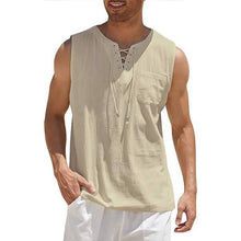 Load image into Gallery viewer, Men's Cotton Linen Tank Top Shirts Casual Sleeveless Lace Up Beach Hippie Tops Bohemian Renaissance Pirate Tunic
