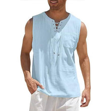 Load image into Gallery viewer, Men's Cotton Linen Tank Top Shirts Casual Sleeveless Lace Up Beach Hippie Tops Bohemian Renaissance Pirate Tunic
